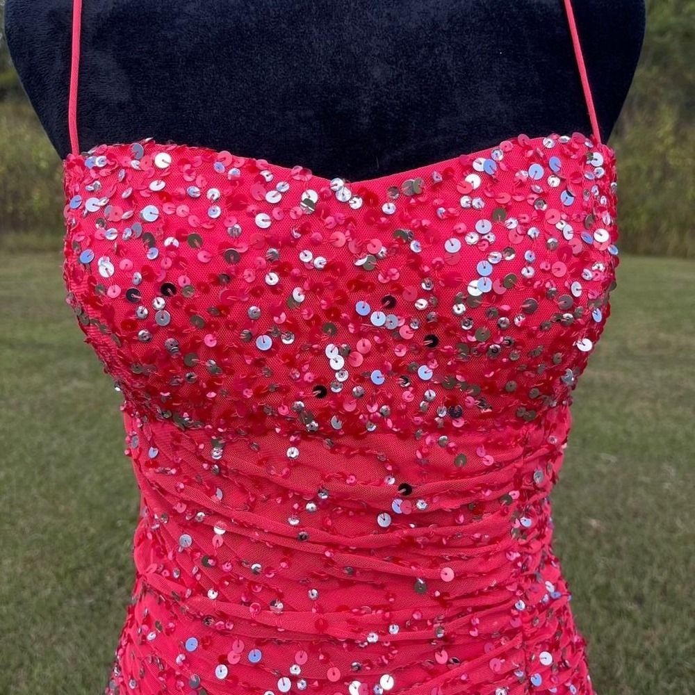 Vtg 90s Y2K Cache Beaded Maxi Dress S Red Chiffon Overlay Slit Mermaid HoCo Gown - Picture 3 of 10